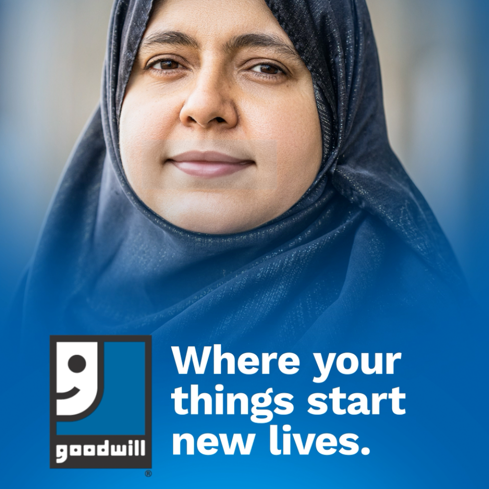 Woman in hijab demonstrating how Goodwill donations help fun jobs training, Goodwill logo next to headline reading Where your things start new lives.