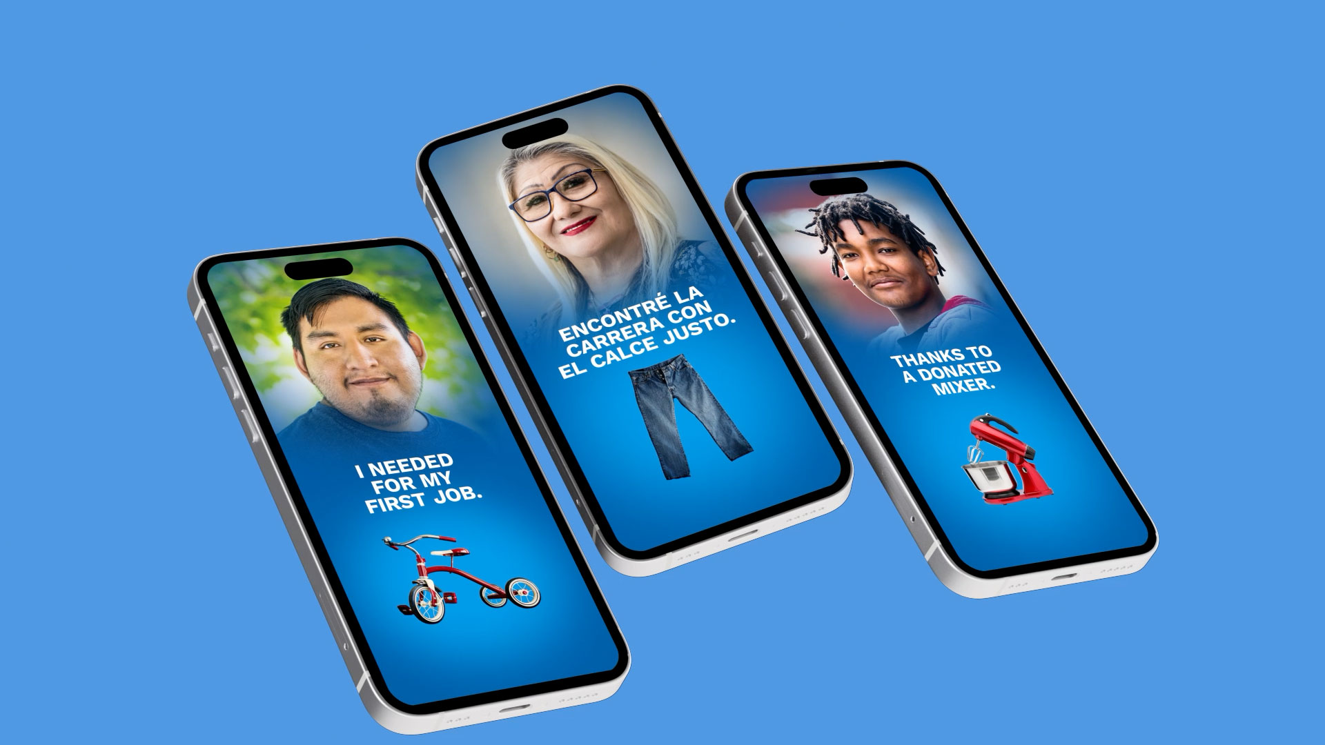 animation of 3 smart phones playing Goodwill New Lives campaign social posts